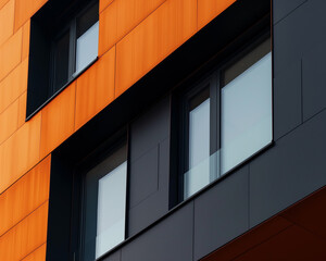 Architectural illustration of a modern building. A modern facade black and orange metal terracotta modular cladding composite facade.