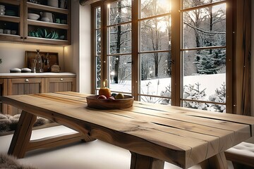 A Serene Winter Morning Cozy Interior with a Rustic Wooden Table, Illuminated by the Golden Sunlight Piercing Through the Snow-Covered Trees Outside