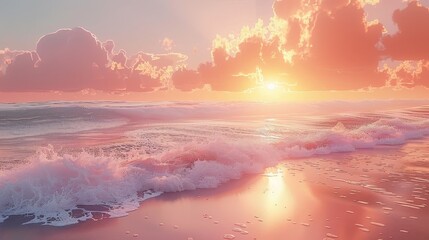 Capture the serene beauty of a beach sunrise, where the first rays of light paint the sky in hues of pink and orange