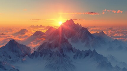 Capture the serene beauty of a mountain sunrise, where the first light of day gently kisses the peaks