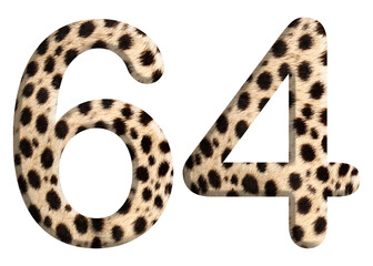 The shape of the number 64 is made of cheetah fur or skin isolated on transparent background....