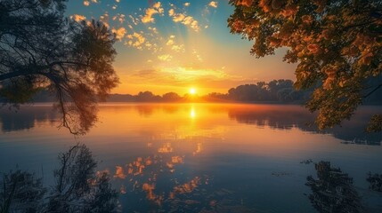 Capture the serene beauty of a sunrise over a tranquil lake, with silhouettes of trees framing the scene
