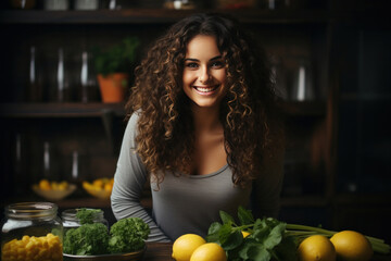 A happy plus size woman standing with fruits for making healthy food in kitchen. Ideas for healthy...