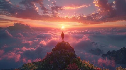 Convey the peaceful solitude of a mountaintop at sunset, where skies blaze with colors above the clouds