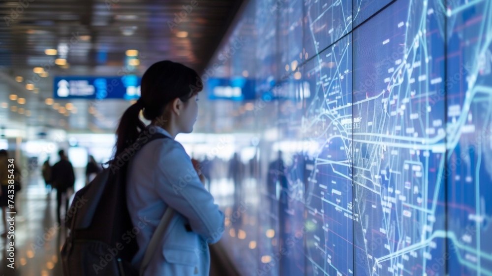 Poster as travelers approach customs a digital display projects a virtual map of the airport highlighting t