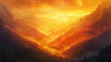 Depict a peaceful mountain sunset, where the day ends with a golden hue, casting shadows and peace