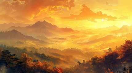 Depict a peaceful mountain sunset, where the day ends with a golden hue, casting shadows and peace