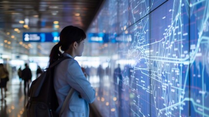 As travelers approach customs a digital display projects a virtual map of the airport highlighting the fastest route to their connecting flight and eliminating confusion and