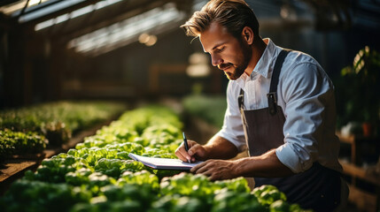 A male worker in apron writing notes in notepad while harvesting lettuce at agricultural greenhouse in countryside. Agriculture concept. - obrazy, fototapety, plakaty