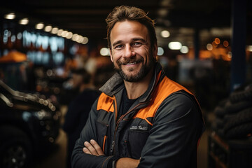 Obraz premium A smiling mechanic showing thumbs up with car tire in the car repair shop.