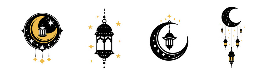 Fototapeta premium decorative moon, stars and hanging lantern lamp collection icon. Flat design set for Ramadan Kareem or Eid Mubarak poster greeting card element. celebration Muslim islamic feast. Vector illustration