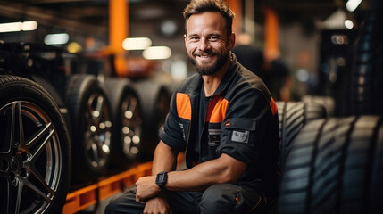 A smiling mechanic showing thumbs up with car tire in the car repair shop. - obrazy, fototapety, plakaty