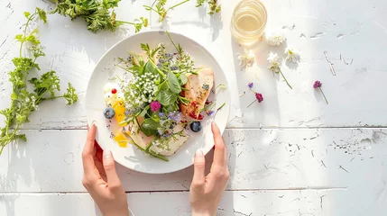 Fototapeten Keto salad with chicken fillet, grens and fresh vegetable . Healthy food concept. © bit24