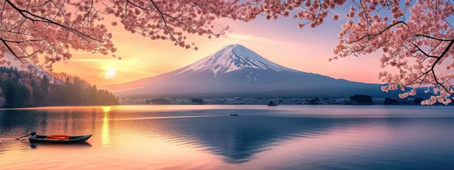 Papier Peint photo autocollant Mont Fuji Tranquil Sunrise over Mount Fuji with Cherry Blossoms and Reflective Lake, Serene Landscape Scene 