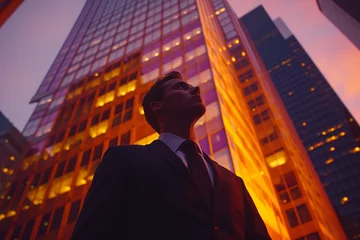 Fotobehang A businessman in a suit strides confidently down a city street, past towering skyscrapers, symbolizing ambition and urban success © Rattanaphorn