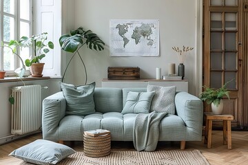 Peaceful Afternoon in a Sunlit Living Room with Modern Blue Sofa, Green Plants, and Artistic Wall Decor in a Harmonious Space
