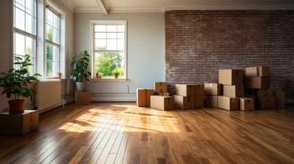 Fototapeta premium Empty room with cardboard boxes. Moving day concept.