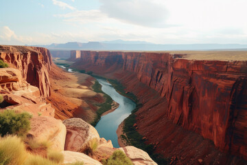 canyon with red rock formations and a river running through it