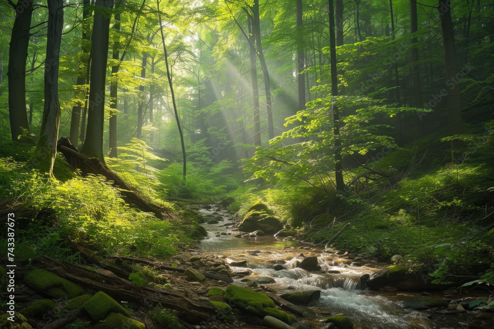 Poster forest with a stream running through it, with sunlight filtering through the trees