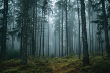 Obraz premium forest with a misty fog and tall trees