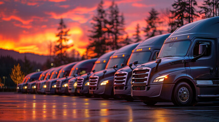 Modern trucks parked in a row at the parking lot. - obrazy, fototapety, plakaty