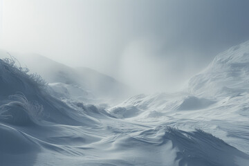 blizzard in a mountain pass, with snowdrifts and whiteout conditions - obrazy, fototapety, plakaty