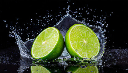 Fresh lime cut in half with water splash isolated on black background