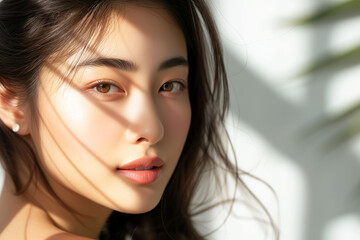 Fototapeta premium Brunette model's close-up portrait exudes glamour with studio lighting and subtle makeup