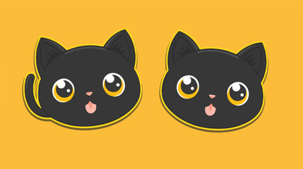 Two black cat face head. Kitten set line banner.