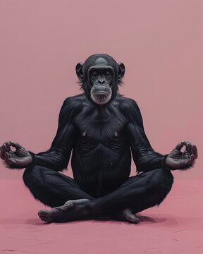 A striking image of a monkey in a meditative pose against a pink backdrop with its face artfully blurred