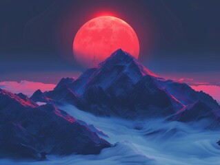 A serene image featuring snow-covered mountains crowned by a gigantic red moon, radiating a cold, mystical aura - obrazy, fototapety, plakaty