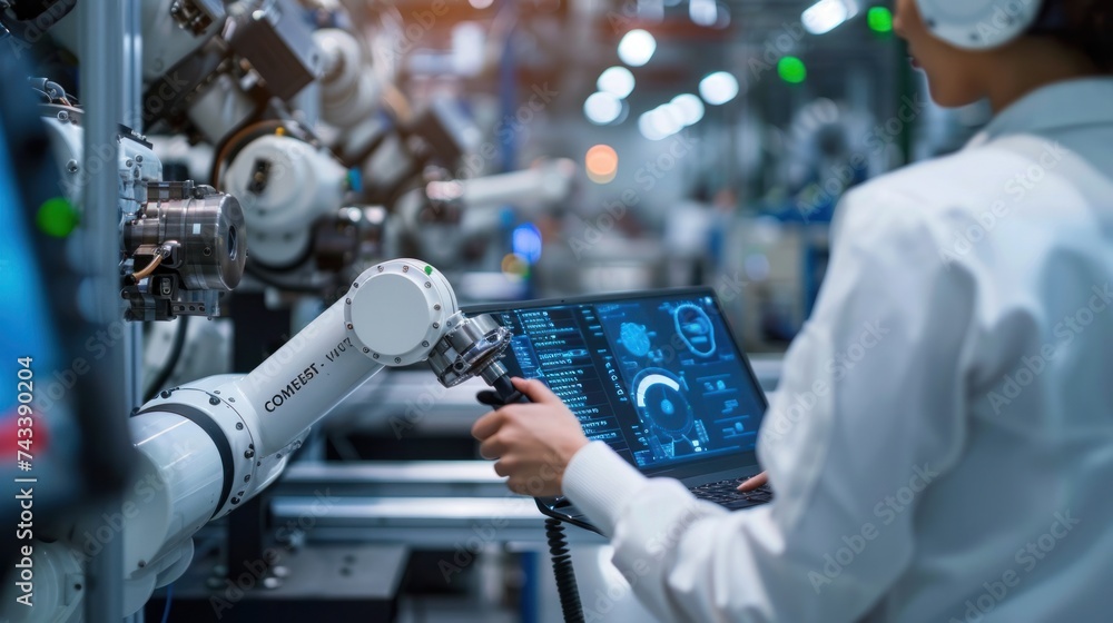 Poster modern factory. industry 4.0. the project engineer talks to a female worker controlling a production