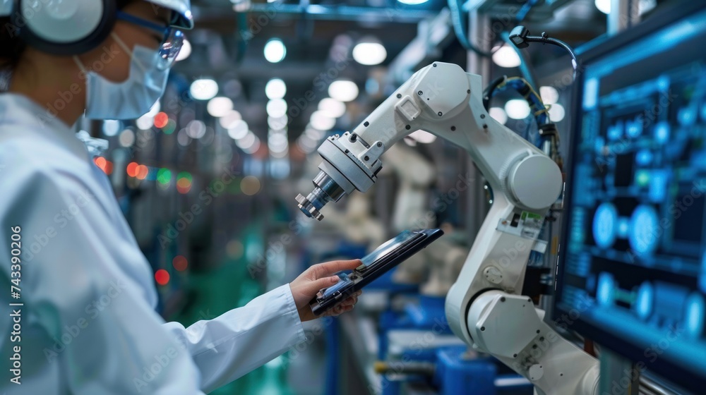 Poster modern factory. industry 4.0. the project engineer talks to a female worker controlling a production