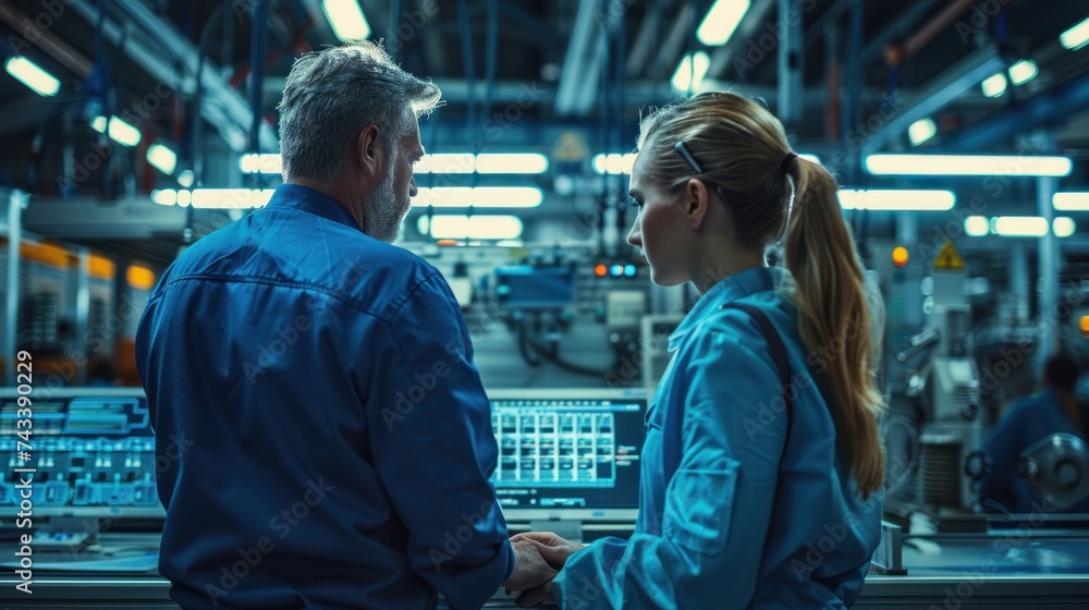 Poster modern factory. industry 4.0. the project engineer talks to a female worker controlling a production