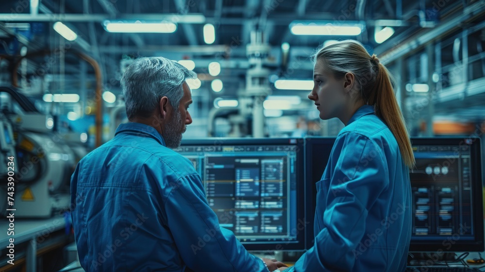 Poster modern factory. industry 4.0. the project engineer talks to a female worker controlling a production