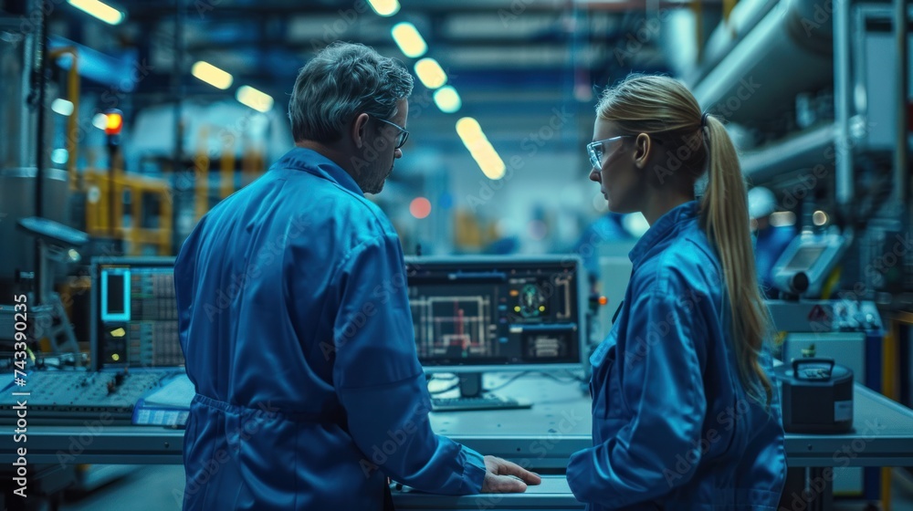 Poster modern factory. industry 4.0. the project engineer talks to a female worker controlling a production