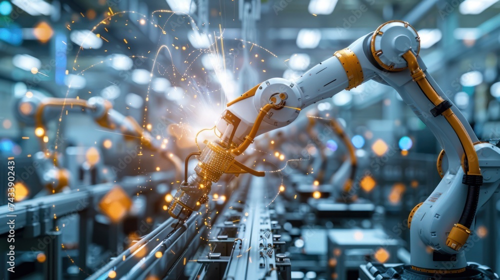 Poster modern factory. industry 4.0. the project engineer talks to a female worker controlling a production