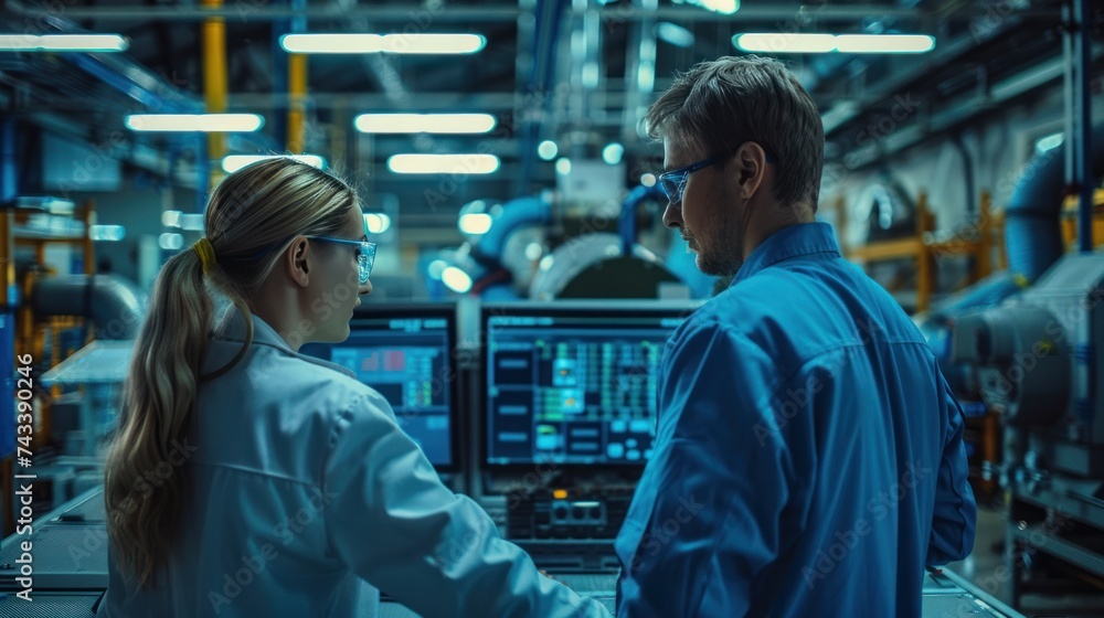Poster modern factory. industry 4.0. the project engineer talks to a female worker controlling a production