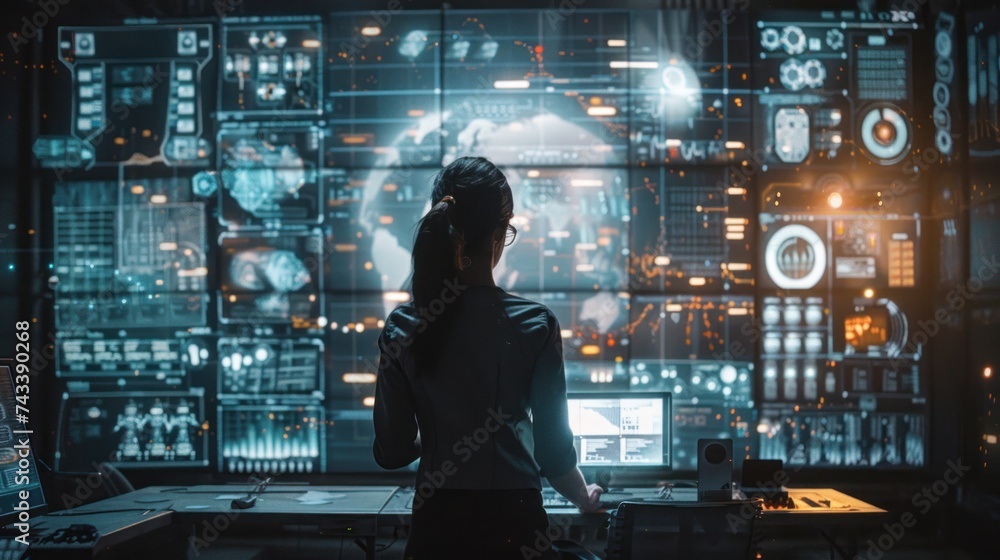 Poster modern factory. industry 4.0. the project engineer talks to a female worker controlling a production