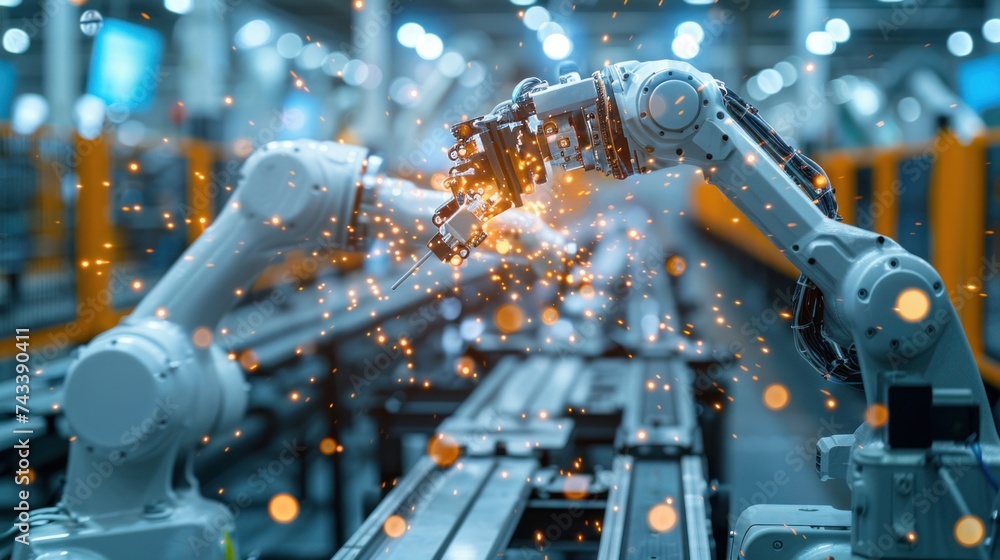 Poster modern factory. industry 4.0. the project engineer talks to a female worker controlling a production