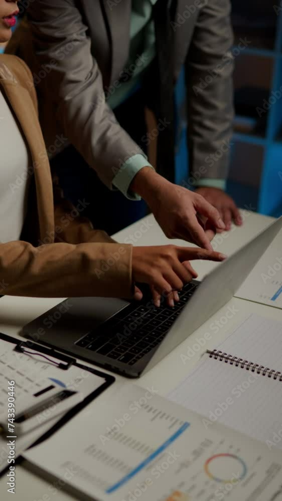 Poster close up of hands teamwork business group are typing on laptop and calculate working and brainstormi