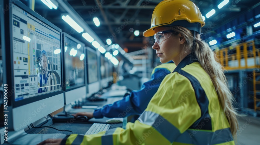 Poster modern factory. industry 4.0. the project engineer talks to a female worker controlling a production