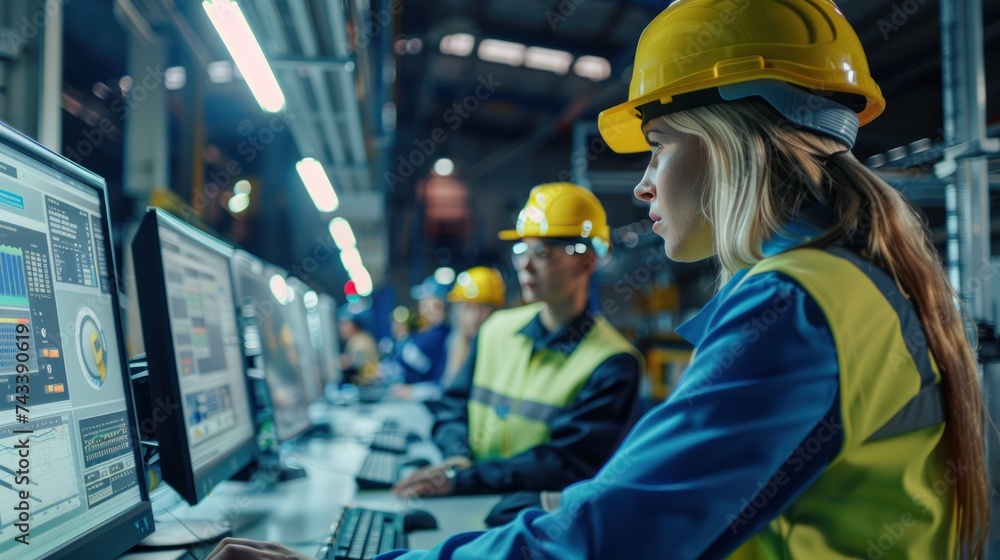 Poster modern factory. industry 4.0. the project engineer talks to a female worker controlling a production