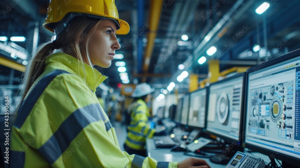 Poster modern factory. industry 4.0. the project engineer talks to a female worker controlling a production