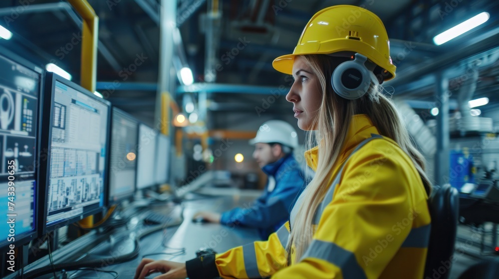 Poster modern factory. industry 4.0. the project engineer talks to a female worker controlling a production