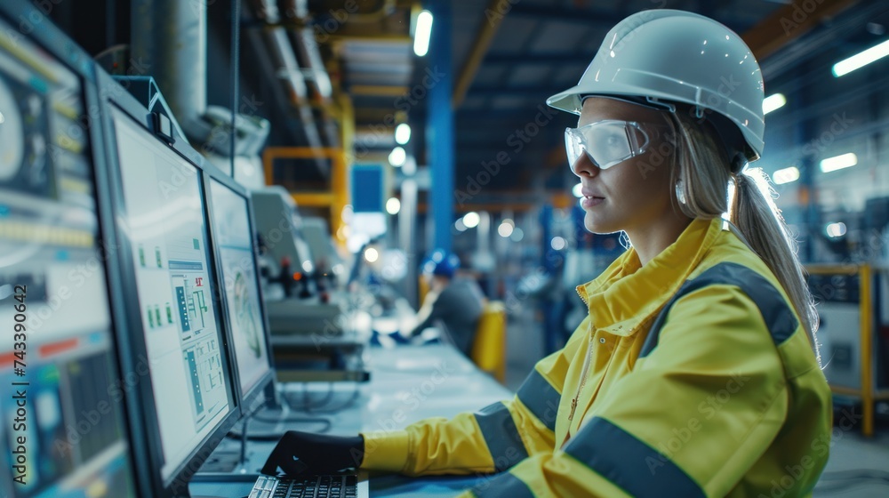 Poster modern factory. industry 4.0. the project engineer talks to a female worker controlling a production