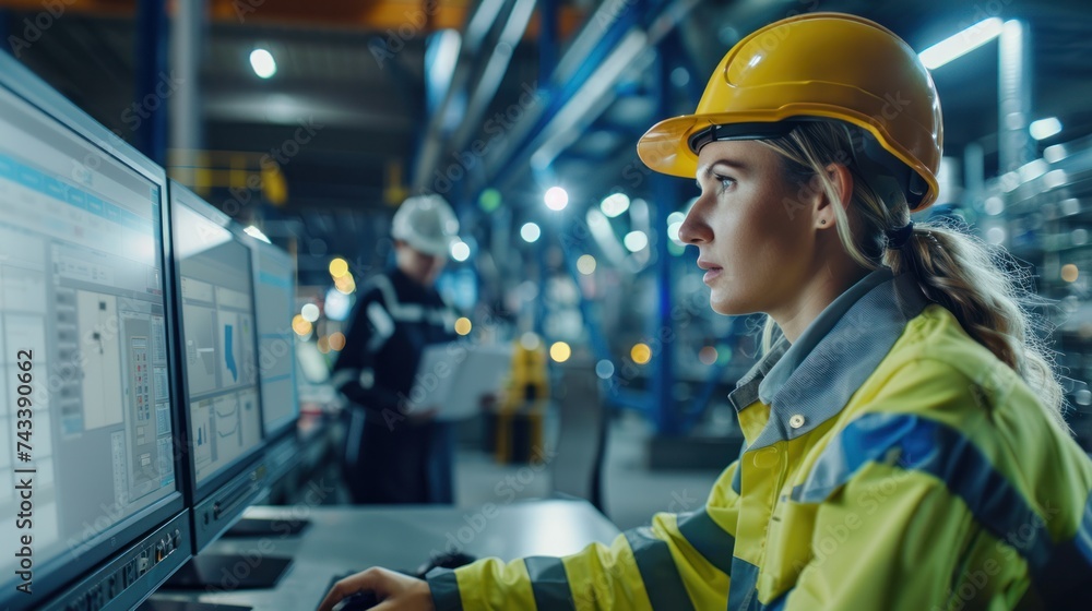 Poster modern factory. industry 4.0. the project engineer talks to a female worker controlling a production