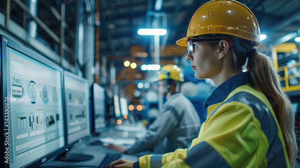Poster modern factory. industry 4.0. the project engineer talks to a female worker controlling a production