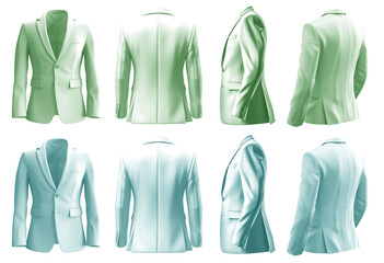 2 Set of pastel green turquoise blue, front back side view, business collar suit blazer jacket coat on transparent background cutout, PNG file. Mockup template for artwork graphic design - obrazy, fototapety, plakaty