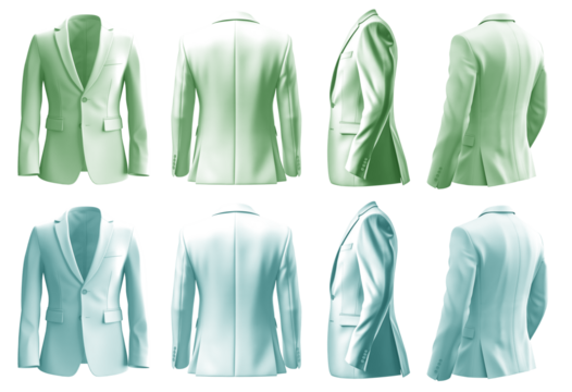 2 Set of pastel green turquoise blue, front back side view, business collar suit blazer jacket coat on transparent background cutout, PNG file. Mockup template for artwork graphic design